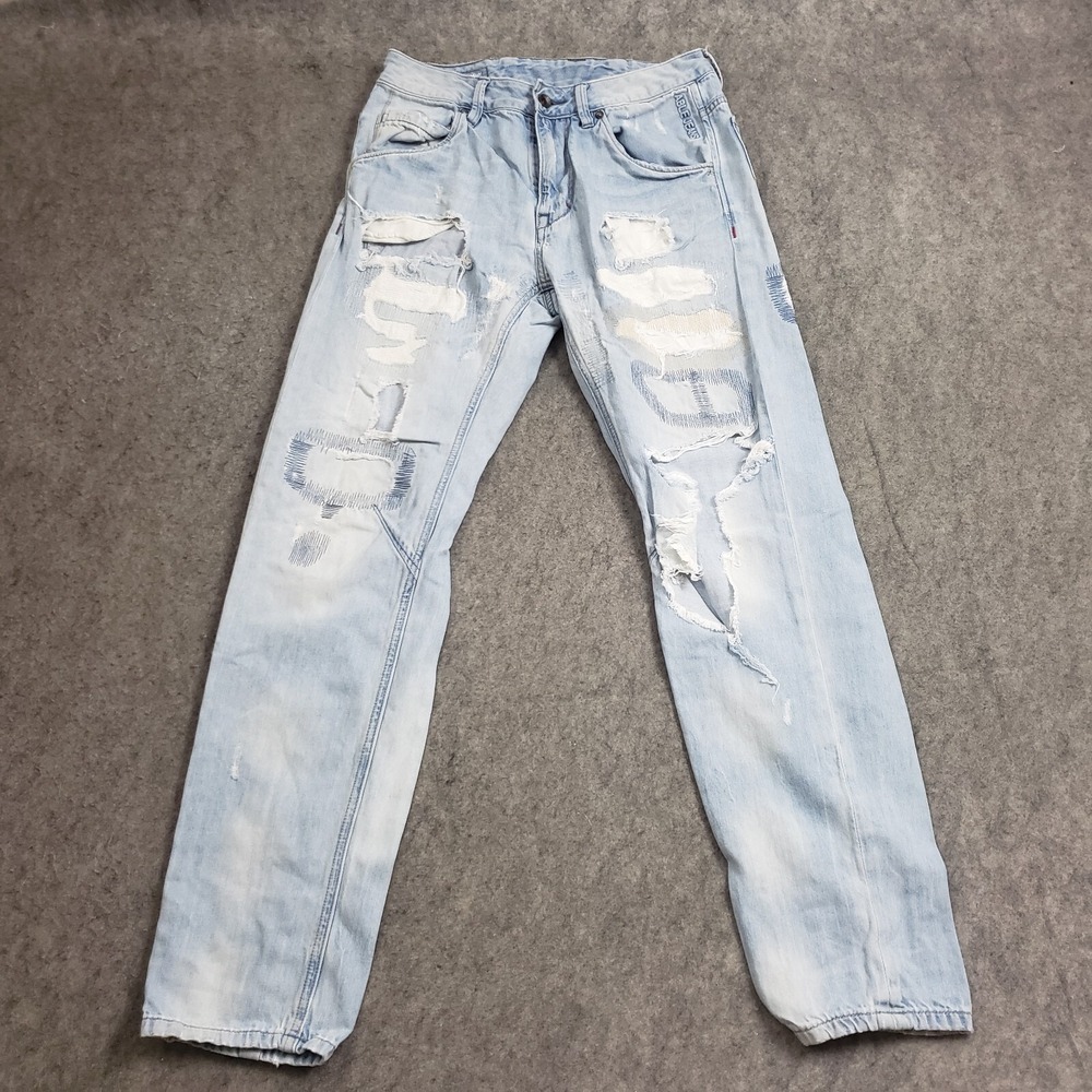 Able Jeans Mens 29x32 Blue Straight Light Wash Distressed Denim Pants Adult
